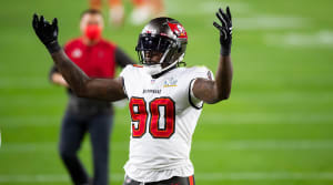 Feb 4, 2021; Tampa, FL, USA; Tampa Bay Buccaneers linebacker Jason Pierre-Paul (90) reacts against the Kansas City Chiefs in Super Bowl LV at Raymond James Stadium.